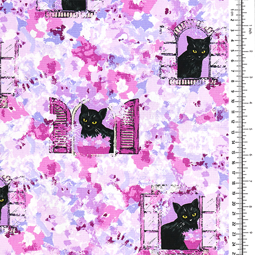 Schwarze Katze Fenster Malerisches Blumenmontage 1