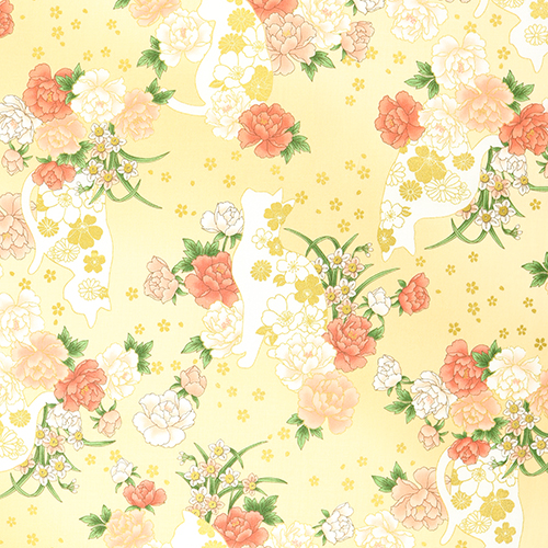 Gold Cat Silhouette Japanese Flowers