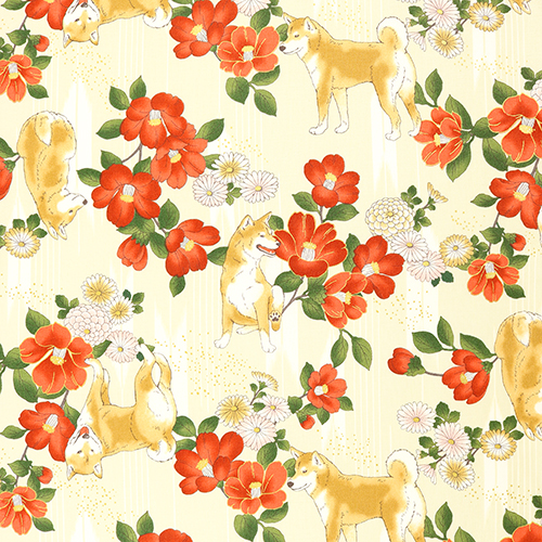 Chien Shiba Inu Fleurs De Camlia Tissu par Japanese Indie