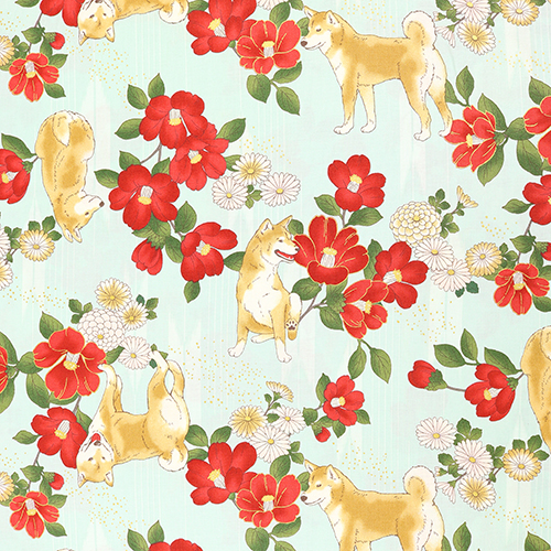 Chien Shiba Inu Fleurs De Camlia Tissu par Japanese Indie