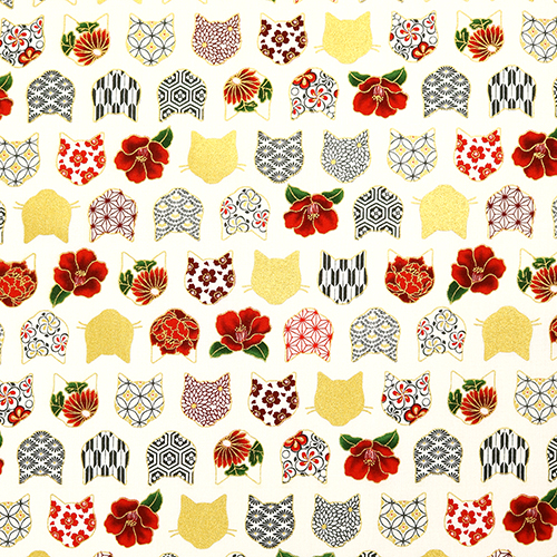 Tte de chat Or Motif japonais Camlia Tissu par Japanese Indie