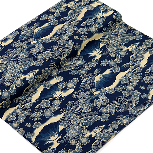Mt Fuji Indigo Sakura Blossom Waves Fabric by Japanese Indie