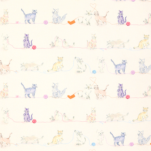 Sketched Cats Playing Wool Yarn Fabric by Japanese Indie