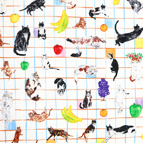 Chat & Motif à Carreaux de Fruits de Table