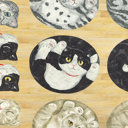 Chats Maru Recroquevill�s Sur Panneau En Bois Tissu par Kokka