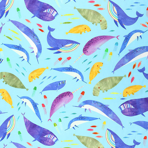 Amis De La Mer Baleines Aquatiques Colores Tissu par Michael Miller