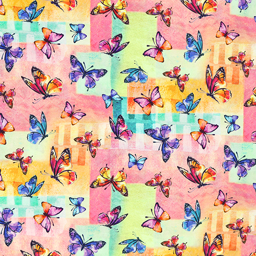 Illuminated Butterfly Colourful Squares Fabric by Michael Miller
