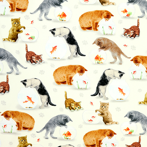 Chats Chatons Bocal  Poisson Rouge Tissu par Timeless Treasures