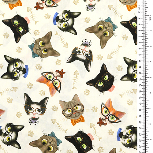 Tossed Cat Heads In Glasses Fish Fabric by Timeless Treasures - modeS4u