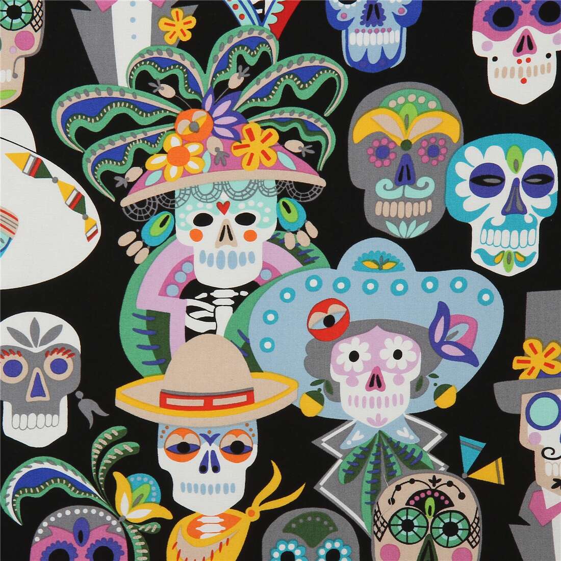 Alexander Henry black fabric with colorful sugar skulls - modeS4u