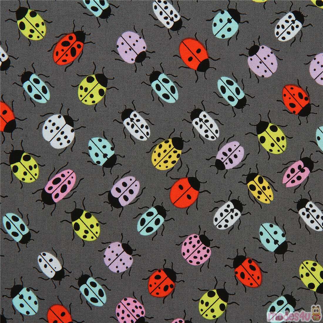 Alexander Henry insect fabric in grey with colorful ladybirds Fabric by ...