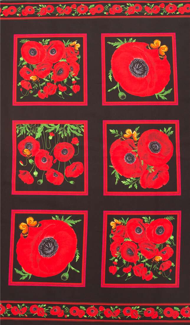 Black red poppy flowers panel fabric Timeless Treasures USA modeS4u