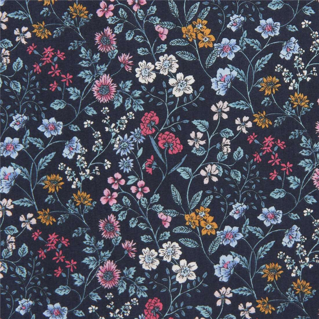 Nature Corner Pink Flower on Not So Solid Blue Cotton Fabric YARD 