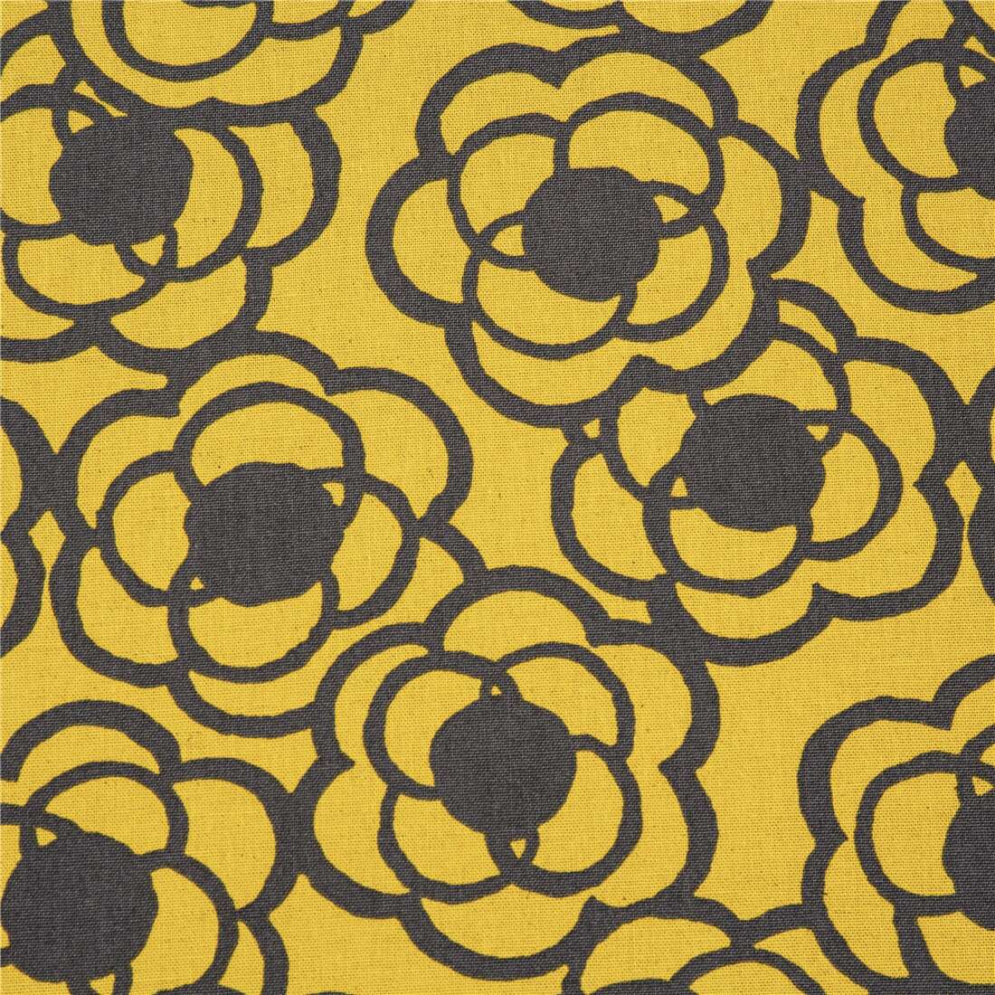 Canvas large Japanese flowers yellow cotton grey blooms camellia Fabric