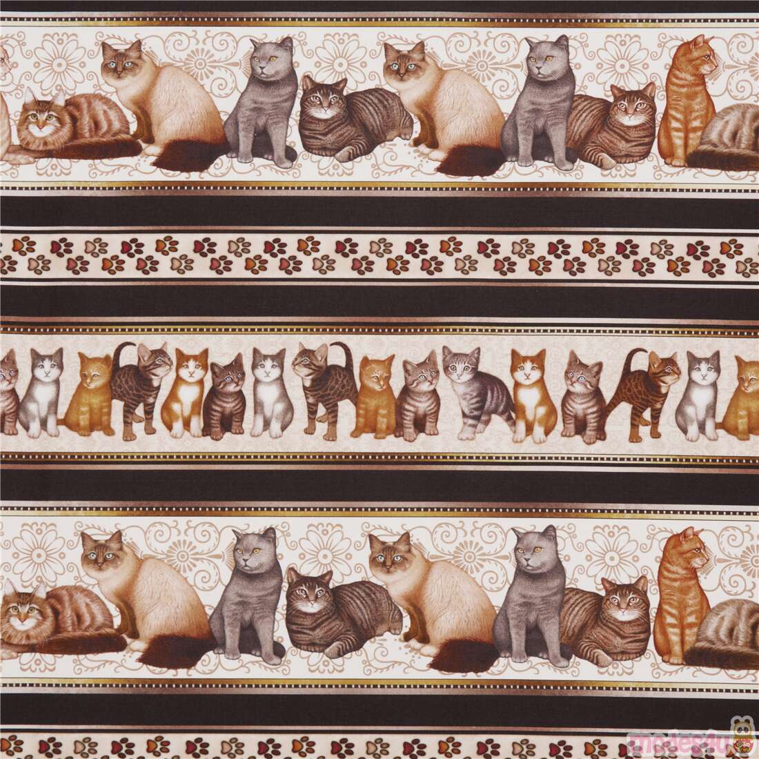 Cats and kittens in rows with black stripes USA cotton fabric Quilting