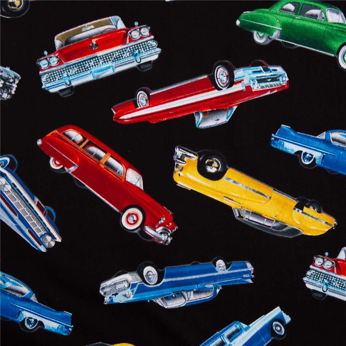 Colorful American retro cars black fabric Timeless Treasures - modeS4u