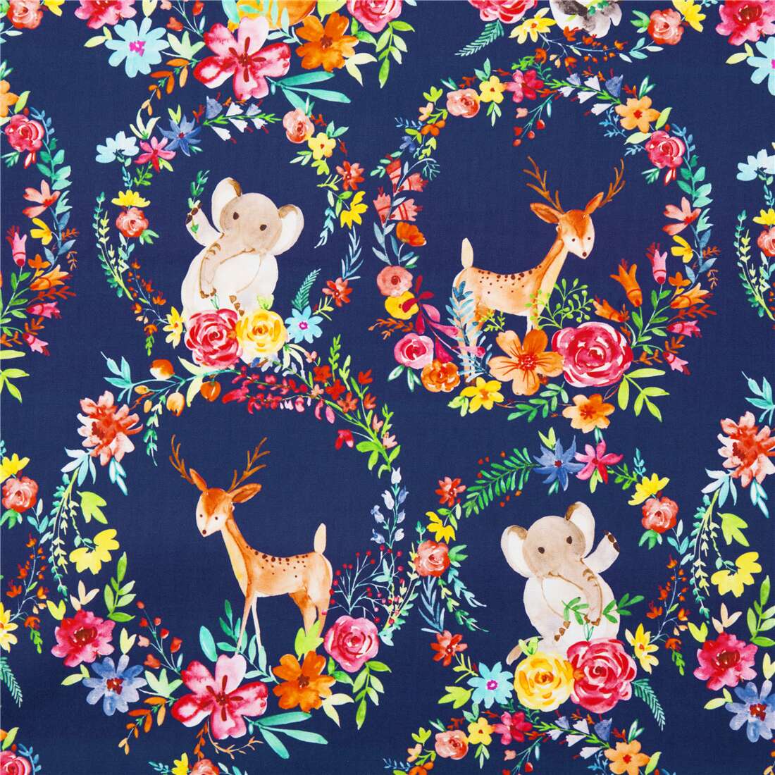 Colorful animals flowers Michael Miller kids fabric dark blue Fabric by ...