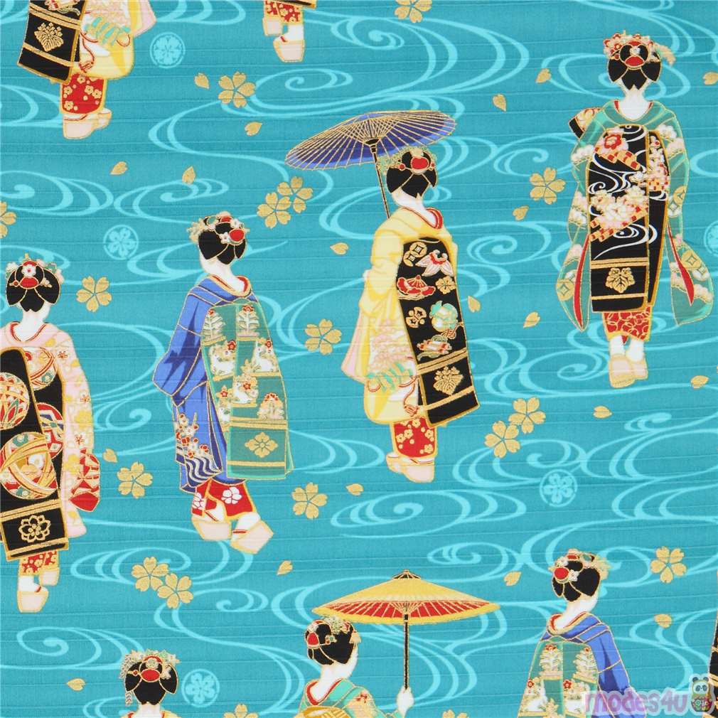 Cosmo Japanese structured cotton satin fabric with geishas in teal