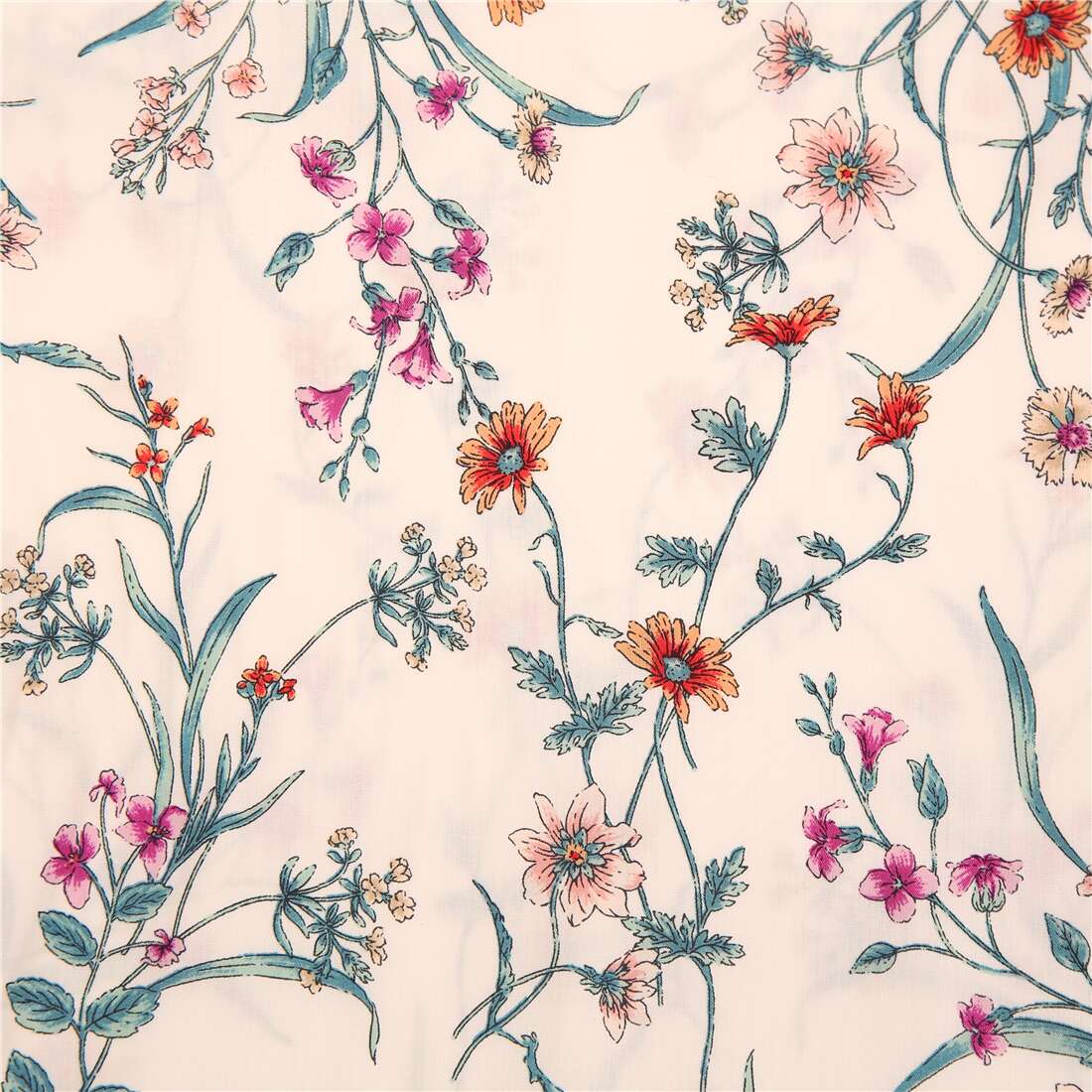 Cream cotton lawn Japanese fabric with colorful wild flowers modeS4u