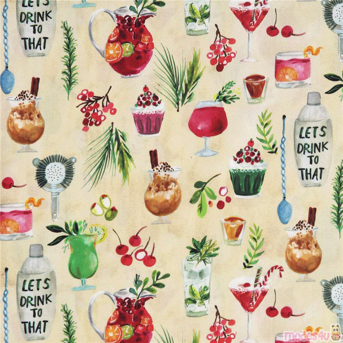 Dear Stella green cotton fabric cocktails wine glasses modeS4u