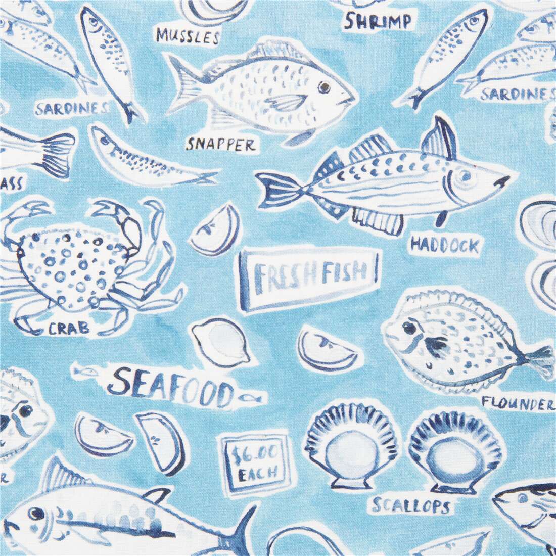 Illustrated Watercolour Fish Market Shellfish Fabric by Dear Stella -  modeS4u