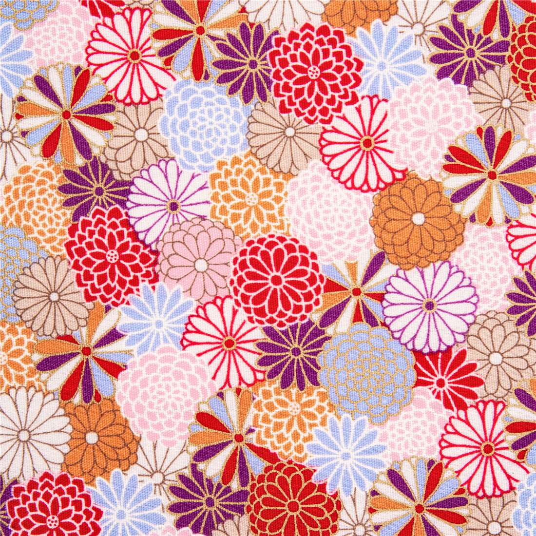 Flower pink Japan poplin metallic gold detailing blue red cotton Fabric ...