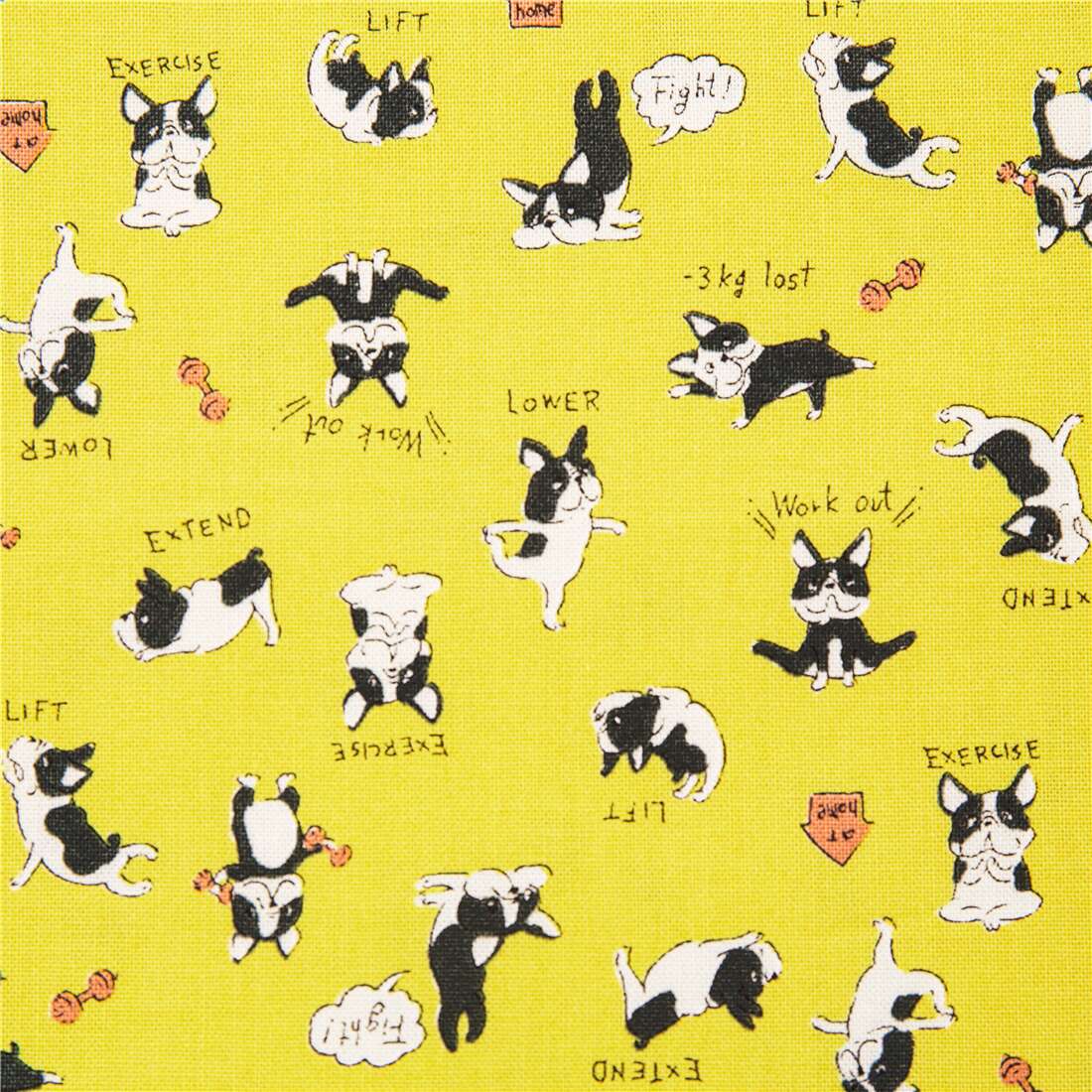 French Bulldogs yellow Kokka Japan cotton sheeting fabric dumbbells arrows yoga  Fabric by Kokka - modeS4u