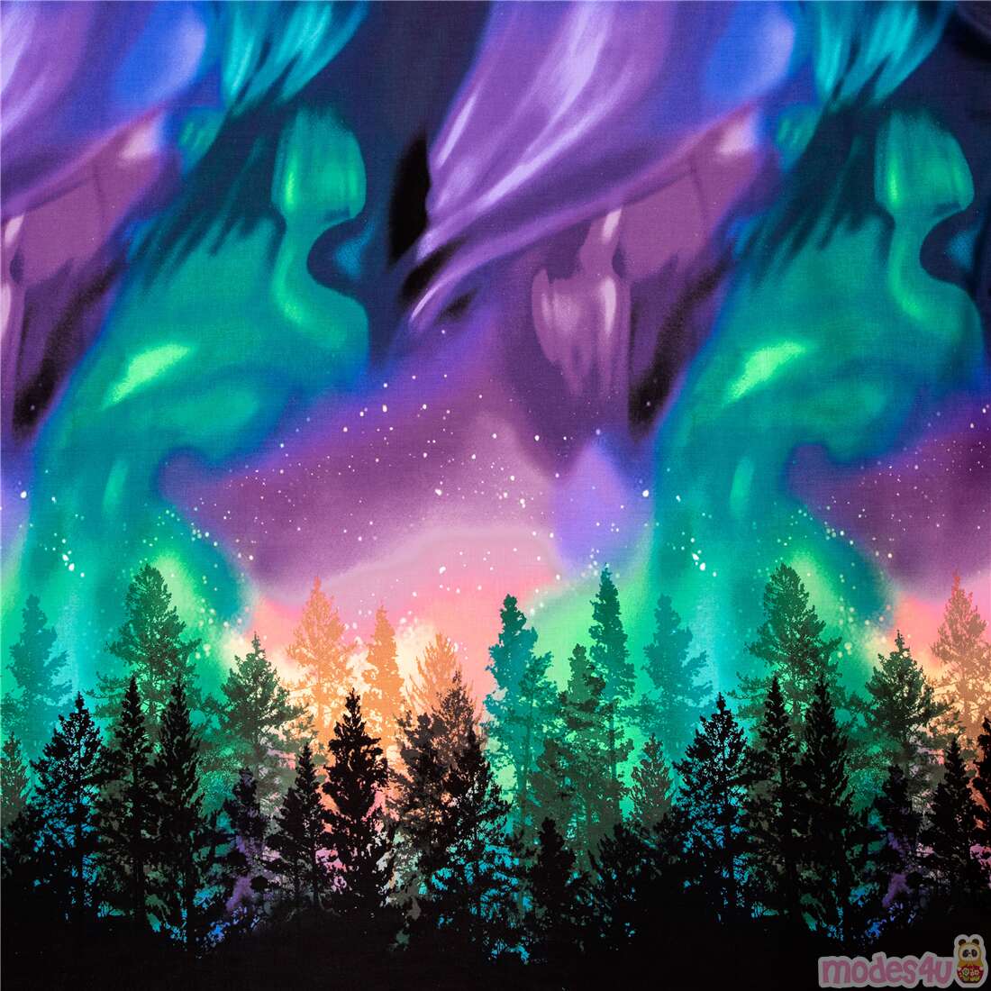 dom mixer marts Full pattern northern lights Timeless Treasures fabric teal purple aurora  trees - modeS4u