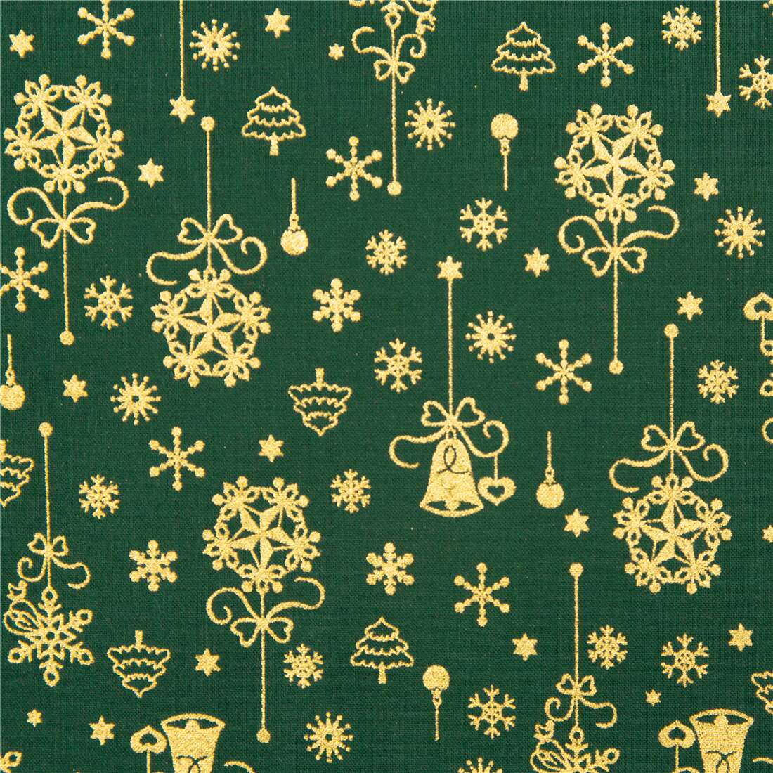 Green Christmas fabric metallic gold decorations snowflakes Fabric by ...