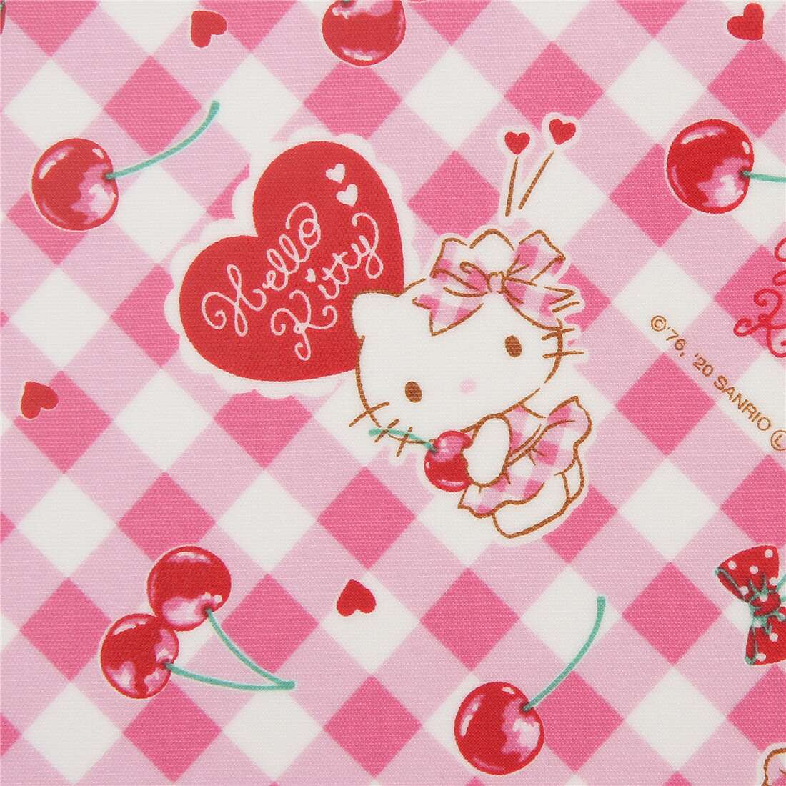 Hello Kitty Cherry Pink Checkered Laminate Fabric Fabric By Sanrio