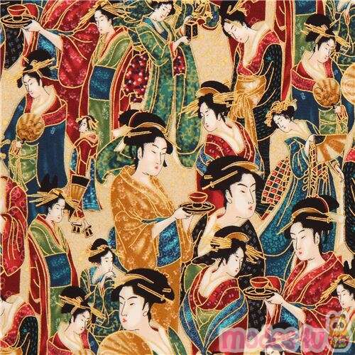 Tela dama japonesa geisha rojo azul colores dorado metálico de Robert