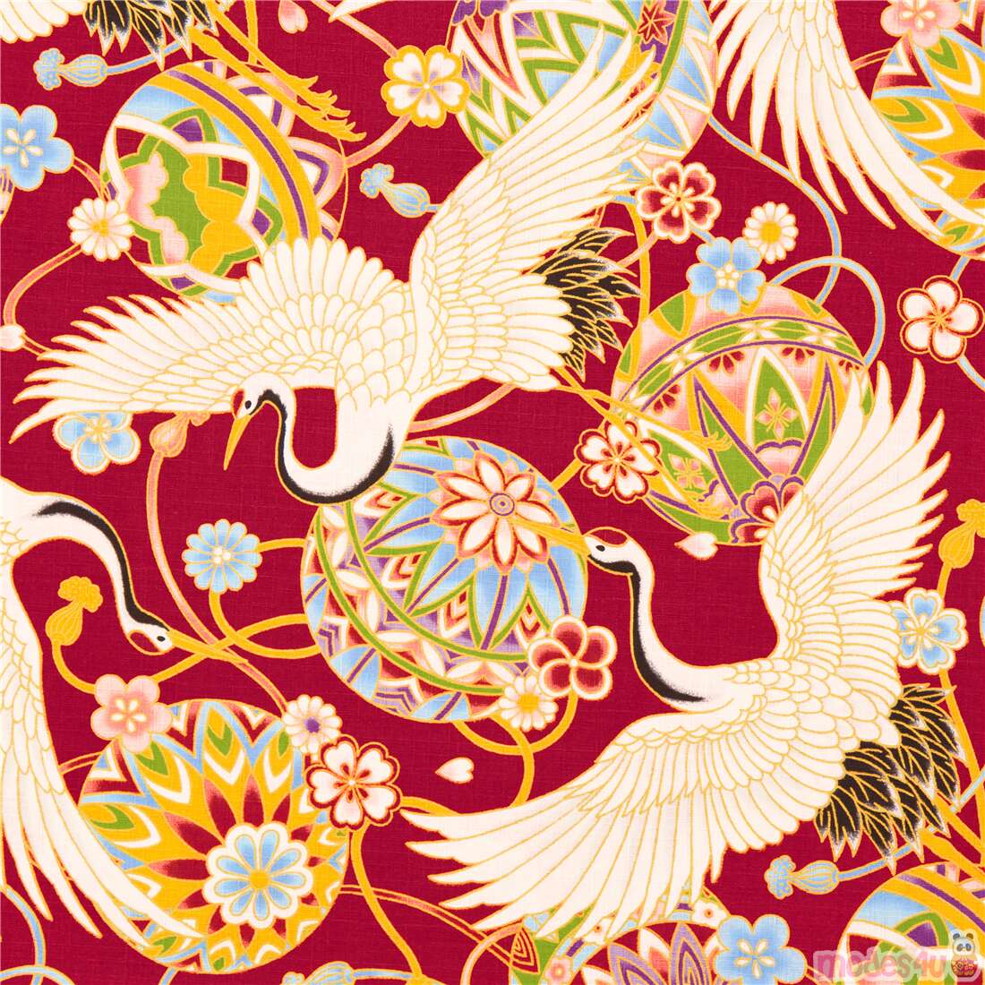 Japan red laminate fabric with temari balls cranes cherry sakura blossom Fabric by Cosmo modeS4u