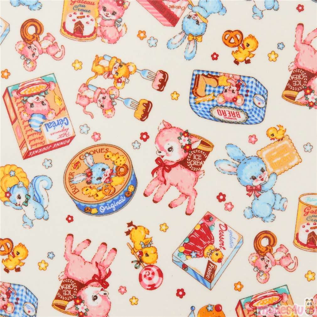 Japanese Children's Fabrics レトロアニマル Japanese cream vintage animal and food laminate fabric by Cosmo