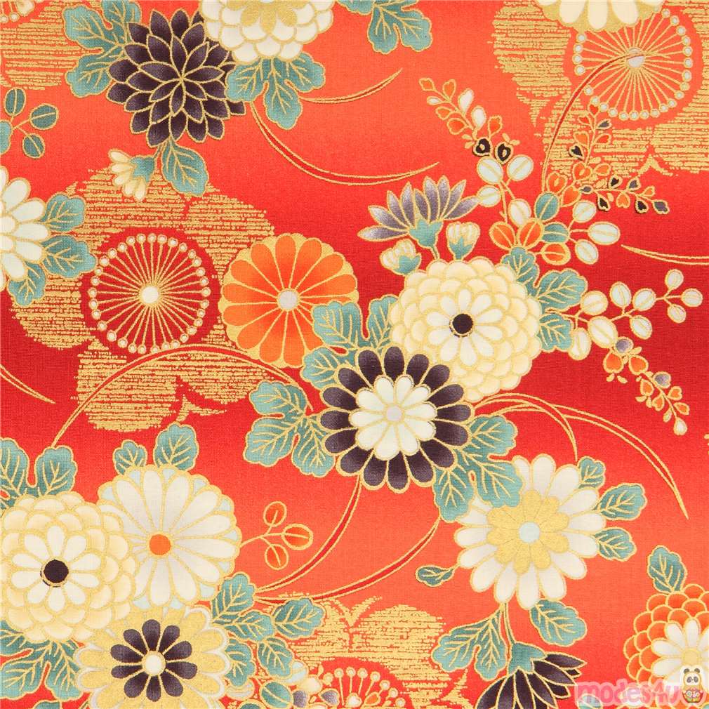 Japanese flower fabric by Quilt Gate in red and orange modeS4u