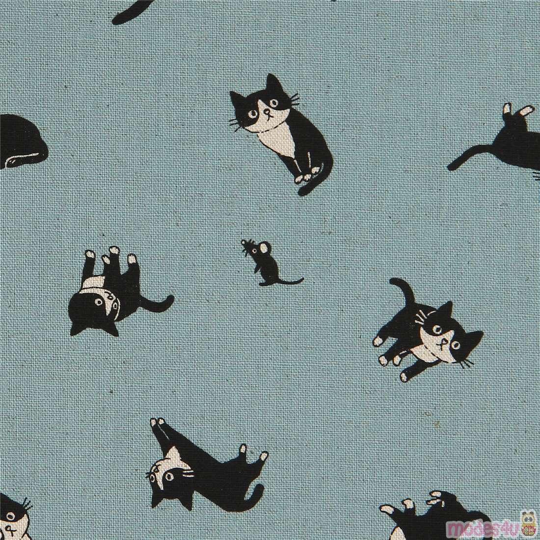 Japanese green-blue Canvas fabric with cats Fabric by Japanese Indie ...