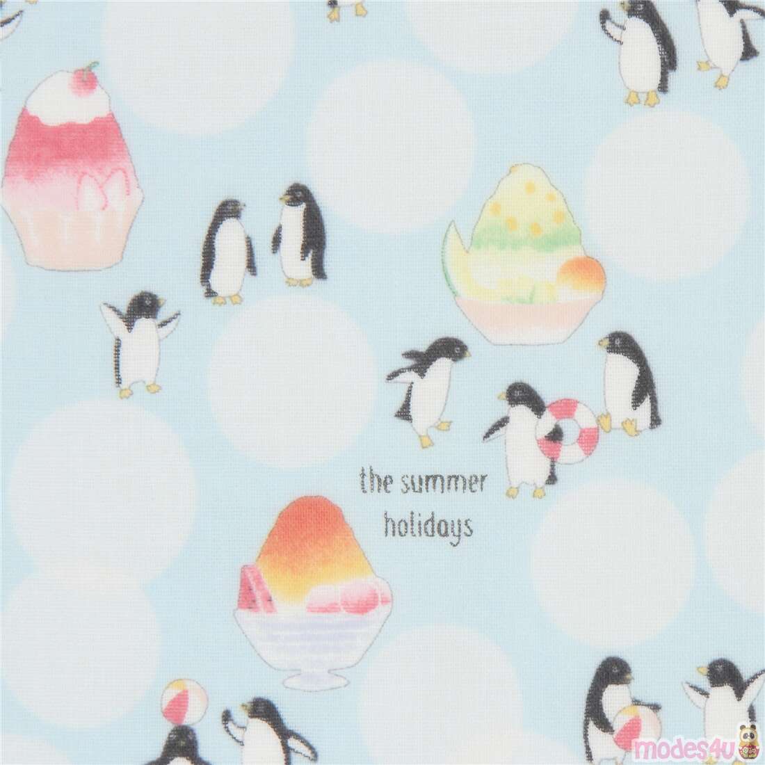 Kokka double gauze fabric in light blue with penguins and shaved ice