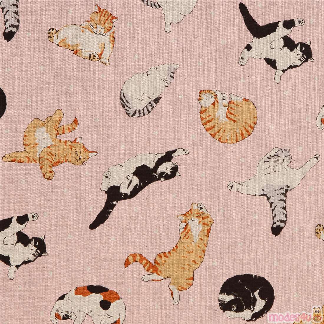Kokka pink playful cats cotton oxford fabric Fabric by Kokka modeS4u