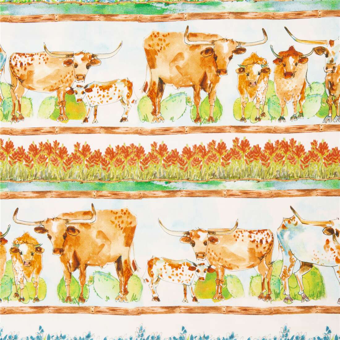 Farm Longhorn Cows with Flowers Stripe Fabric by Quilting Treasures -  modeS4u