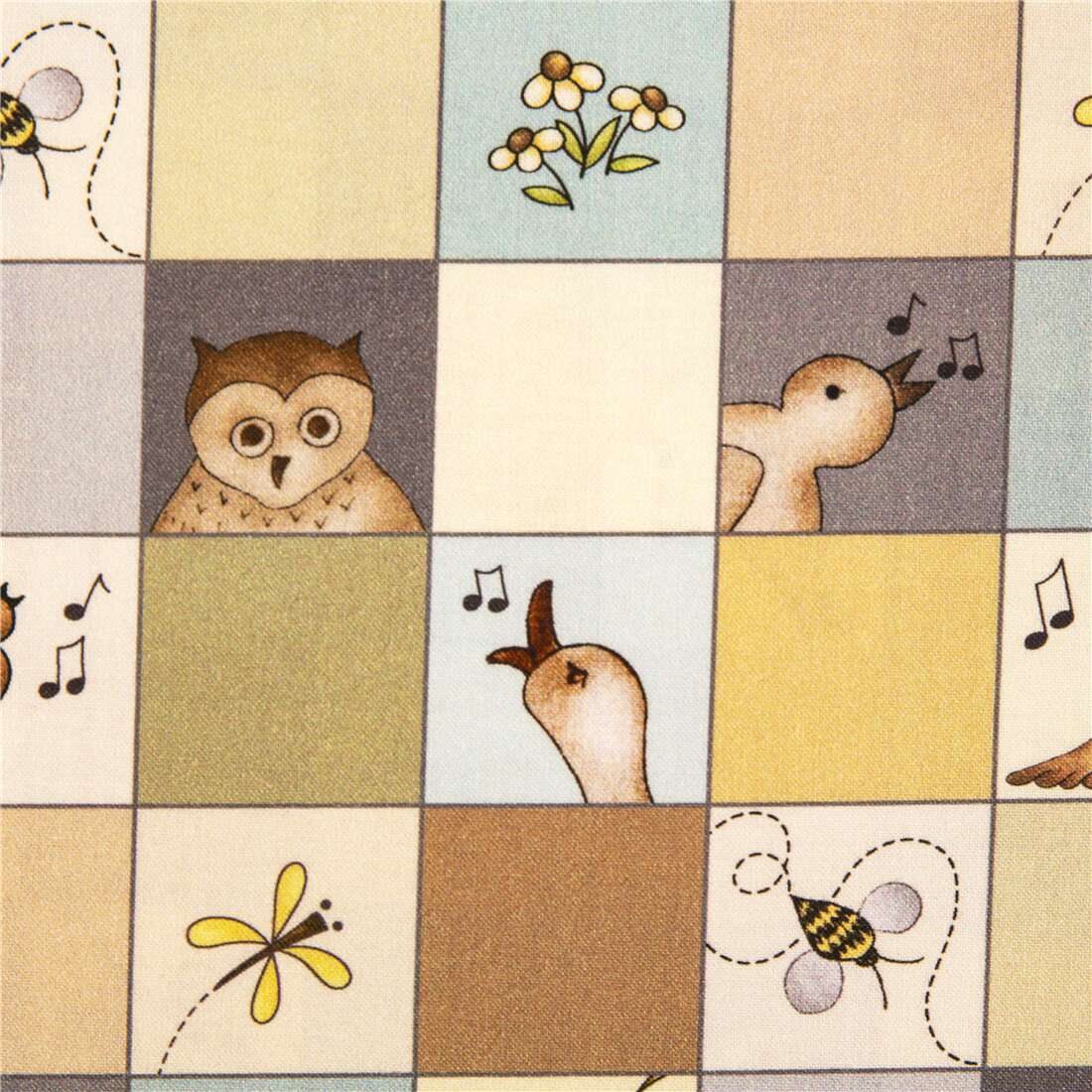 Natures Choir Checkerboard Animals Insects Fabric by Michael Miller ...
