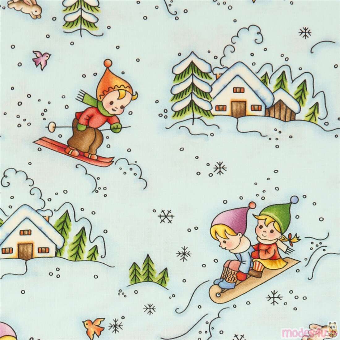 Michael Miller blue cotton fabric children skiiing winter houses Fabric ...