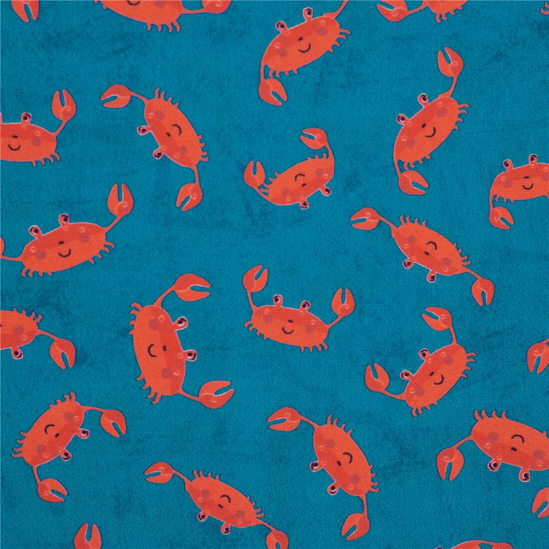 Michael Miller blue cotton fabric with smiling red crabs Fabric by ...