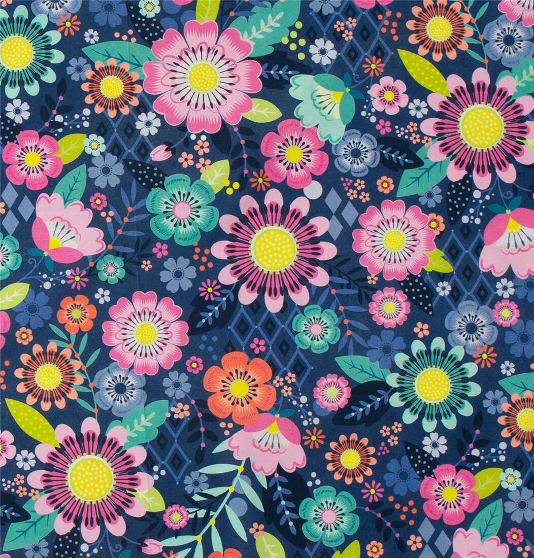 Michael Miller bright large flowers on navy cotton fabric Fabric by ...