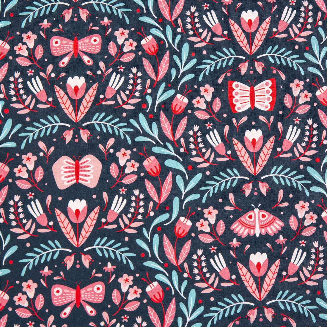 Michael Miller dark blue cotton fabric pink flowers butterflies Fabric ...