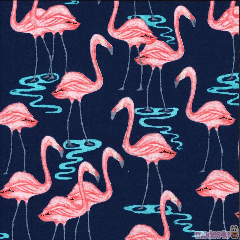 Michael Miller fabric in navy blue with flamingos Fabric by Michael ...