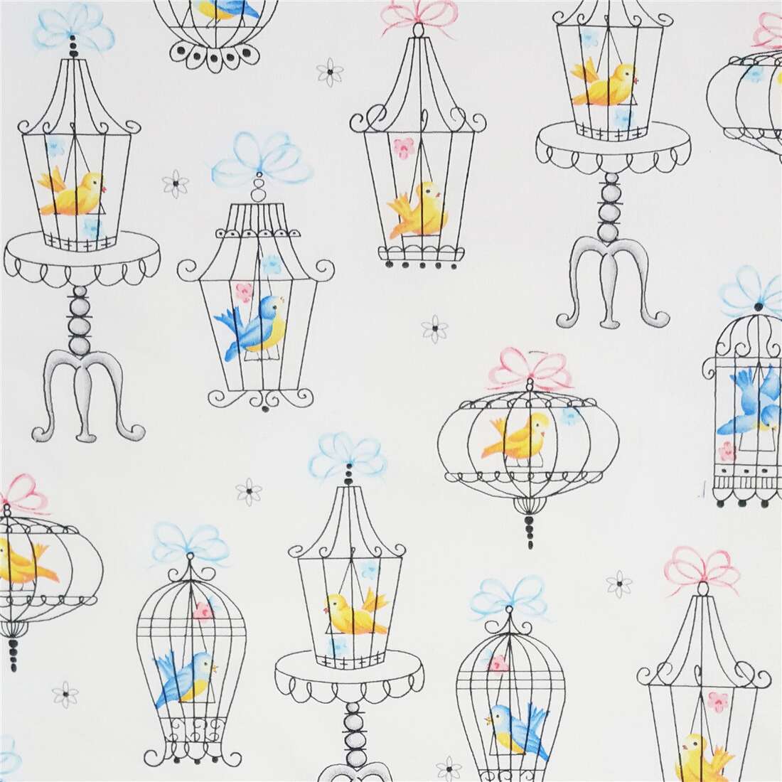 Dainty Bird Cage Illustration Fabric by Michael Miller modeS4u