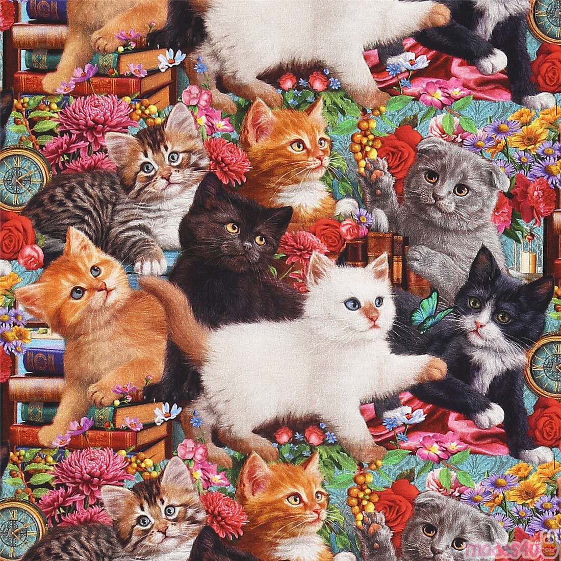 Multicolor cat fabric collage print kitten white black tabby - modeS4u