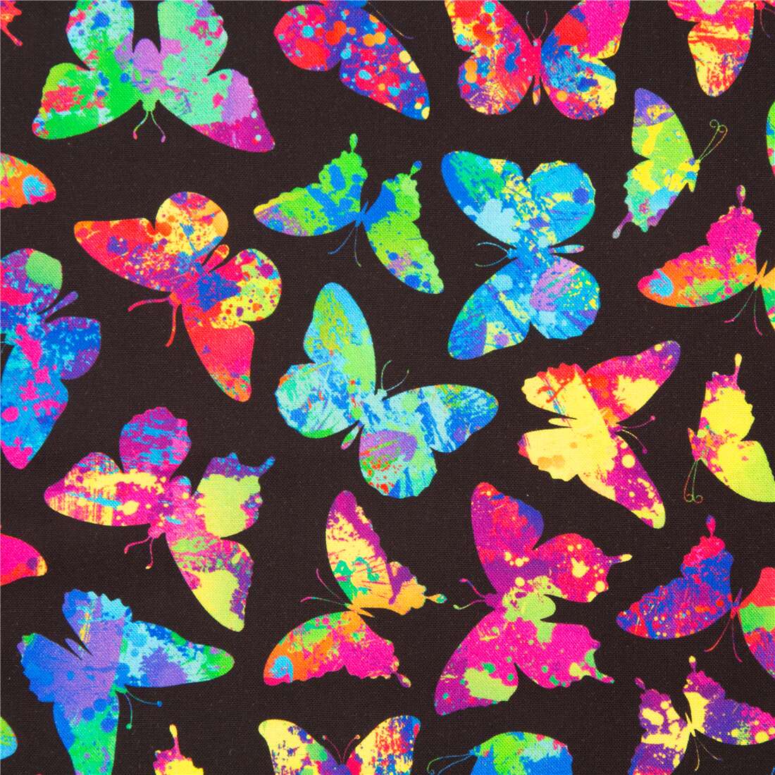 Paint splatter butterflies fabric Timeless Treasures on black cotton ...