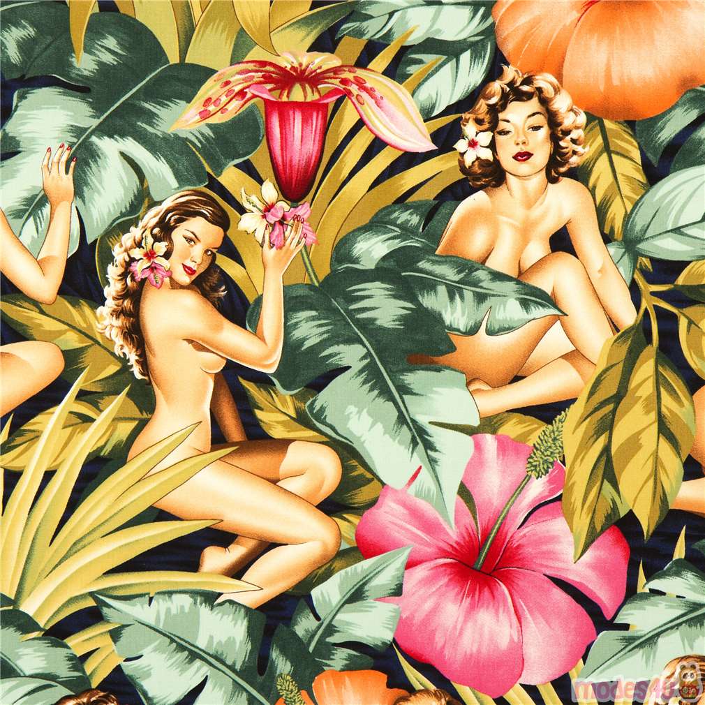 Japanese Pin Up Nude - Remnant (27 x 114 cm) - Pin up women fabric with big flowers by Alexander  Henry - modeS4u