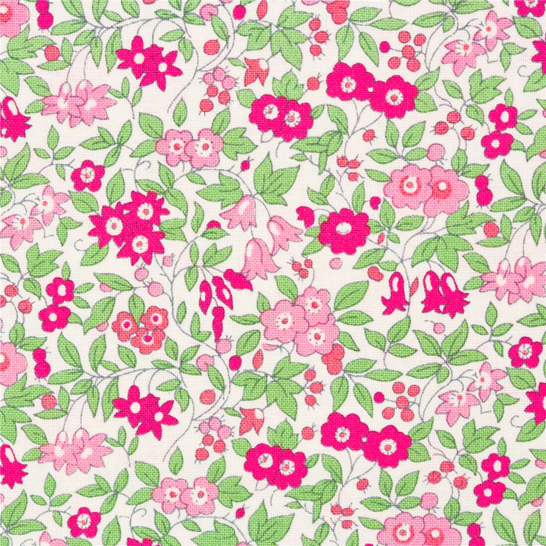 Remnant 50 X 110 Cm Pink Flowers Green Foliage On White Cotton By