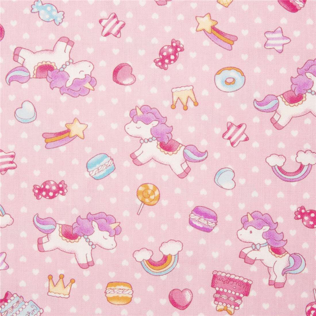 Pink white hearts cotton fabric featuring unicorn with colourful ...